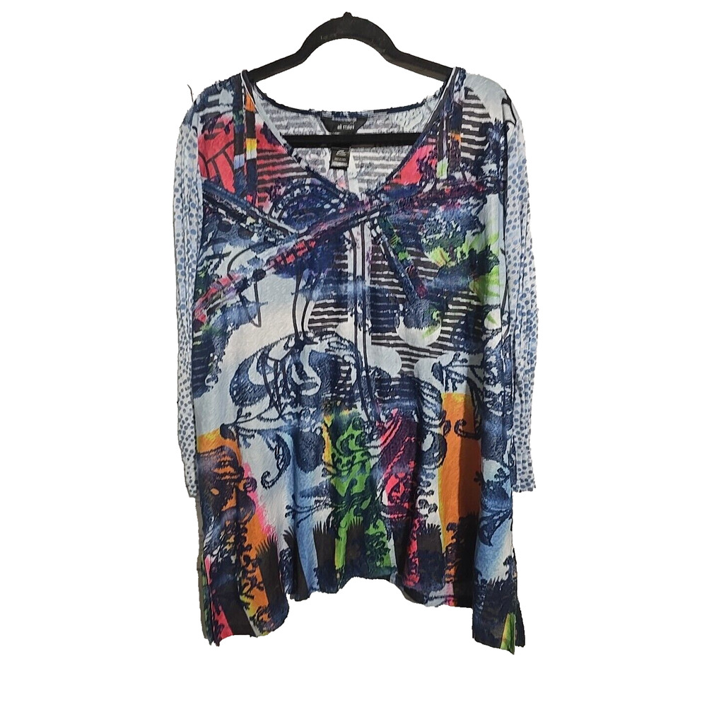 Ali Miles‎ Multicolor Abstract V-Neck Long Sleeve Tunic Top Womans Plus Size 2X